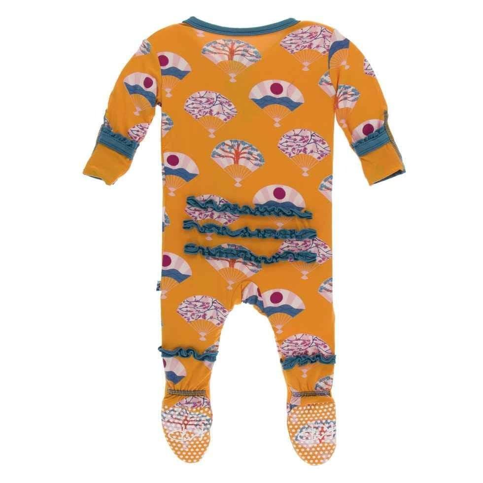 Print Bamboo Muffin Ruffle Footie with Snaps - Apricot Fans - Image 2