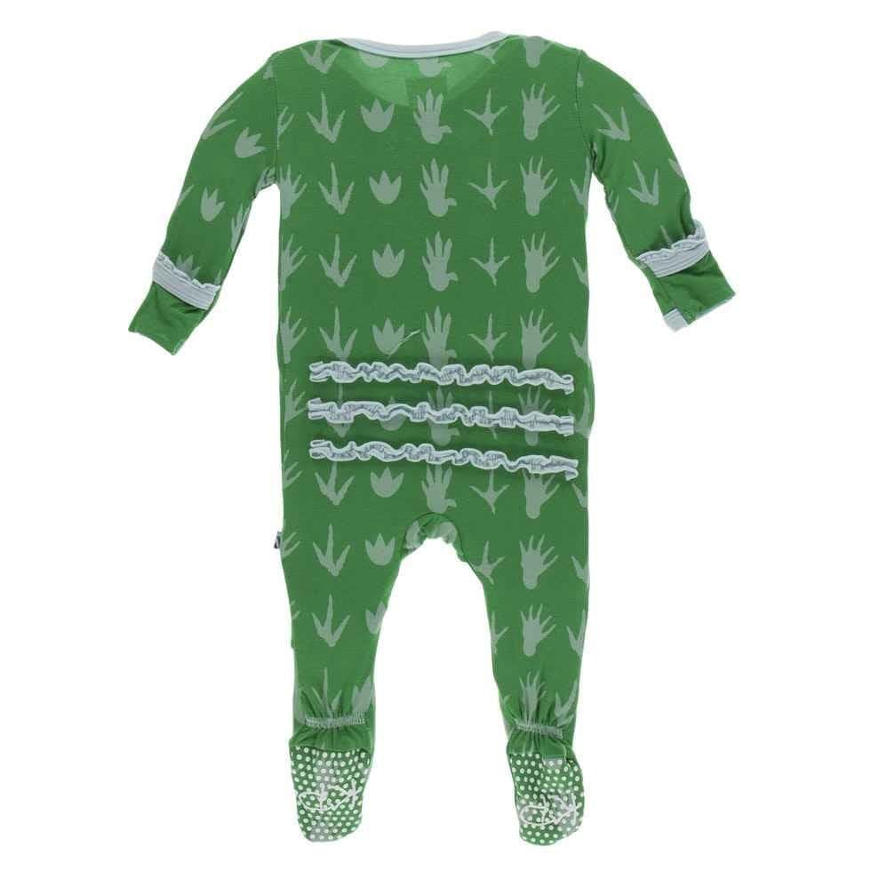 Print Bamboo Muffin Ruffle Footie with Snaps - Dino Tracks - Image 2