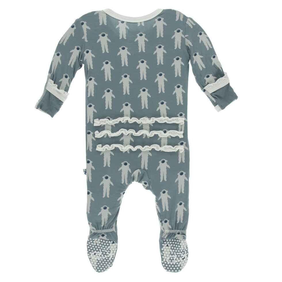 Print Bamboo Muffin Ruffle Footie with Snaps - Dusty Sky Astronaut - Image 2