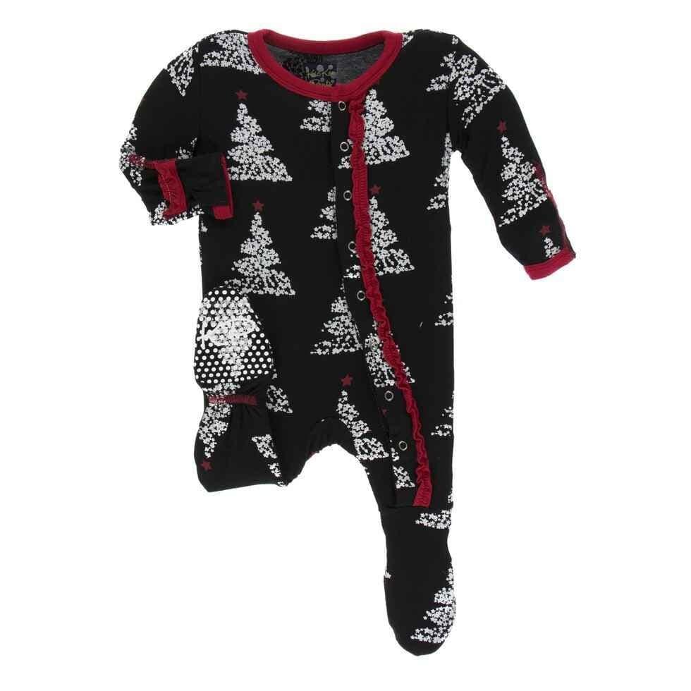 Print Bamboo Muffin Ruffle Footie with Snaps - Midnight Foil Tree