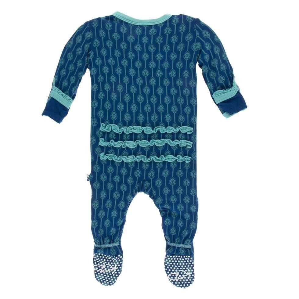 Print Bamboo Muffin Ruffle Footie with Snaps - Navy Leaf Lattice - Image 2