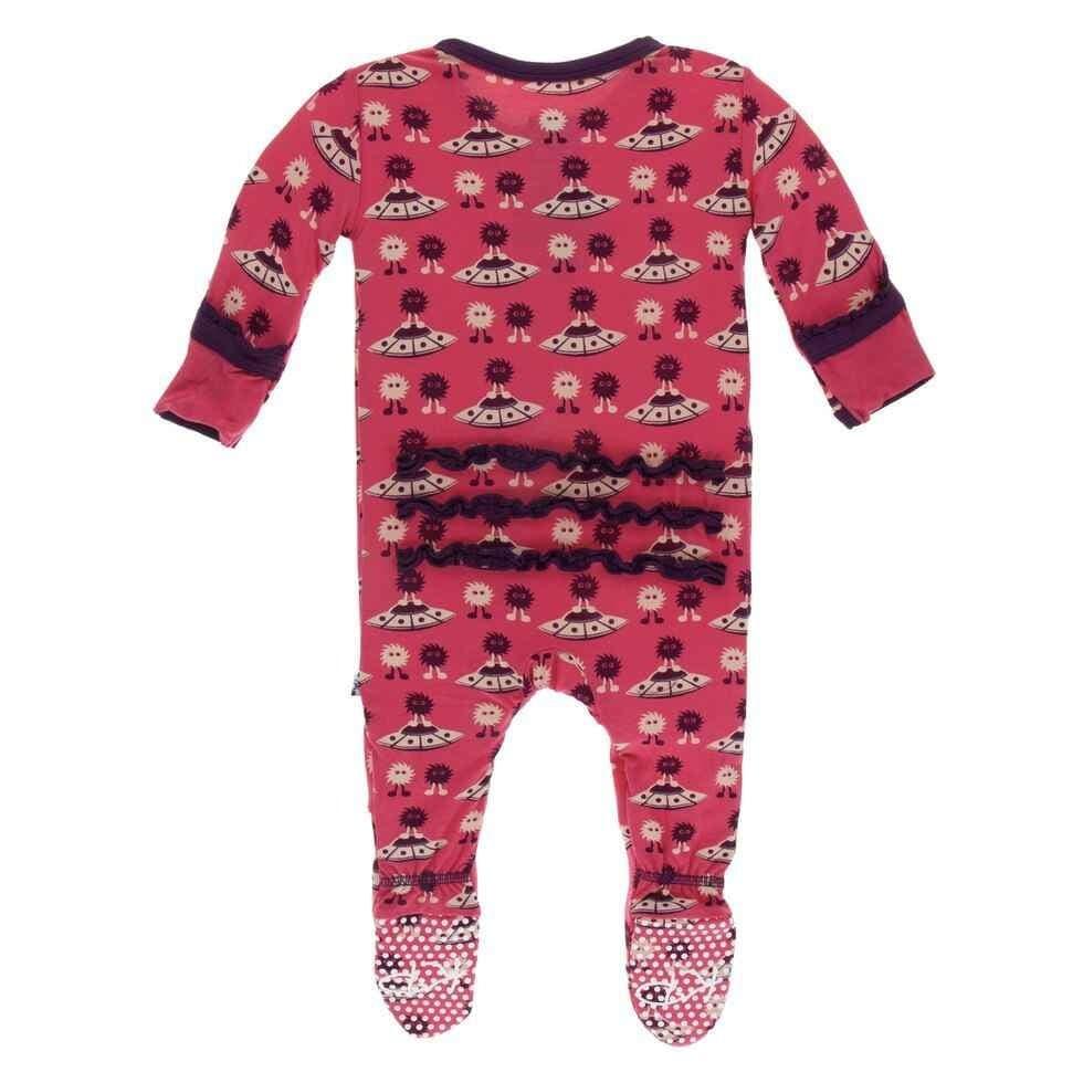 Print Bamboo Muffin Ruffle Footie with Snaps - Red Ginger Aliens with Flying Saucers - Image 2