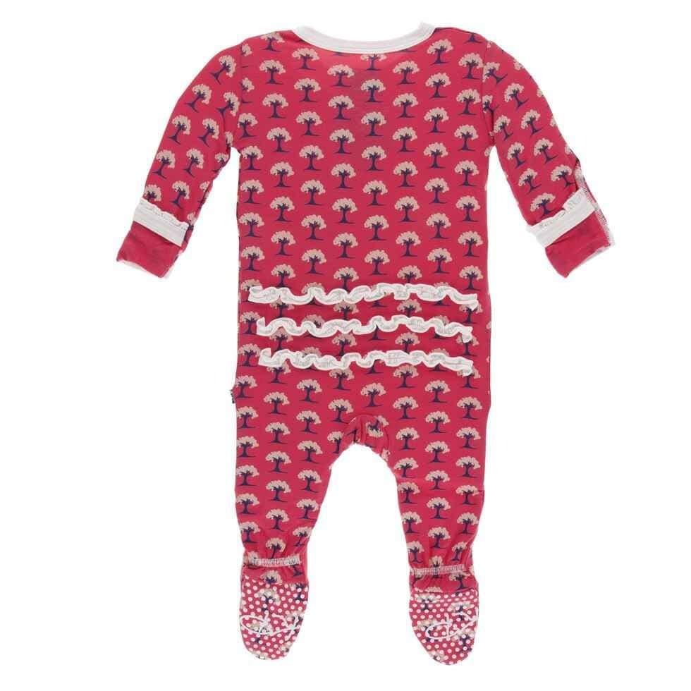 Print Bamboo Muffin Ruffle Footie with Snaps - Red Ginger Mini Trees - Image 2