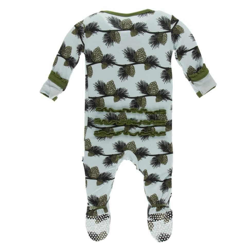 Print Bamboo Muffin Ruffle Footie with Snaps - Spring Sky Pine Cones - Image 2