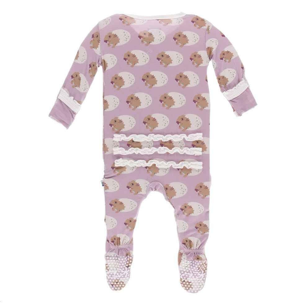 Print Bamboo Muffin Ruffle Footie with Snaps - Sweet Pea Diictodon - Image 2