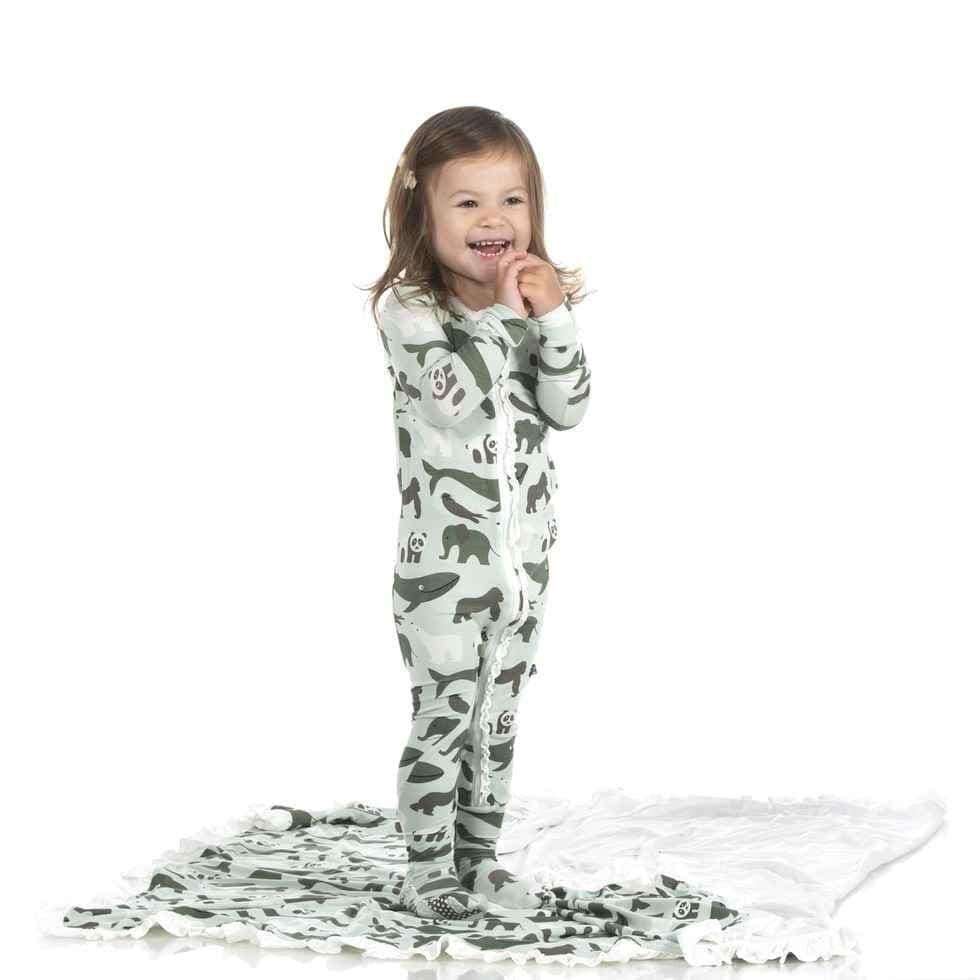 Print Bamboo Muffin Ruffle Footie with Zipper - Aloe Endangered Animals - Image 2