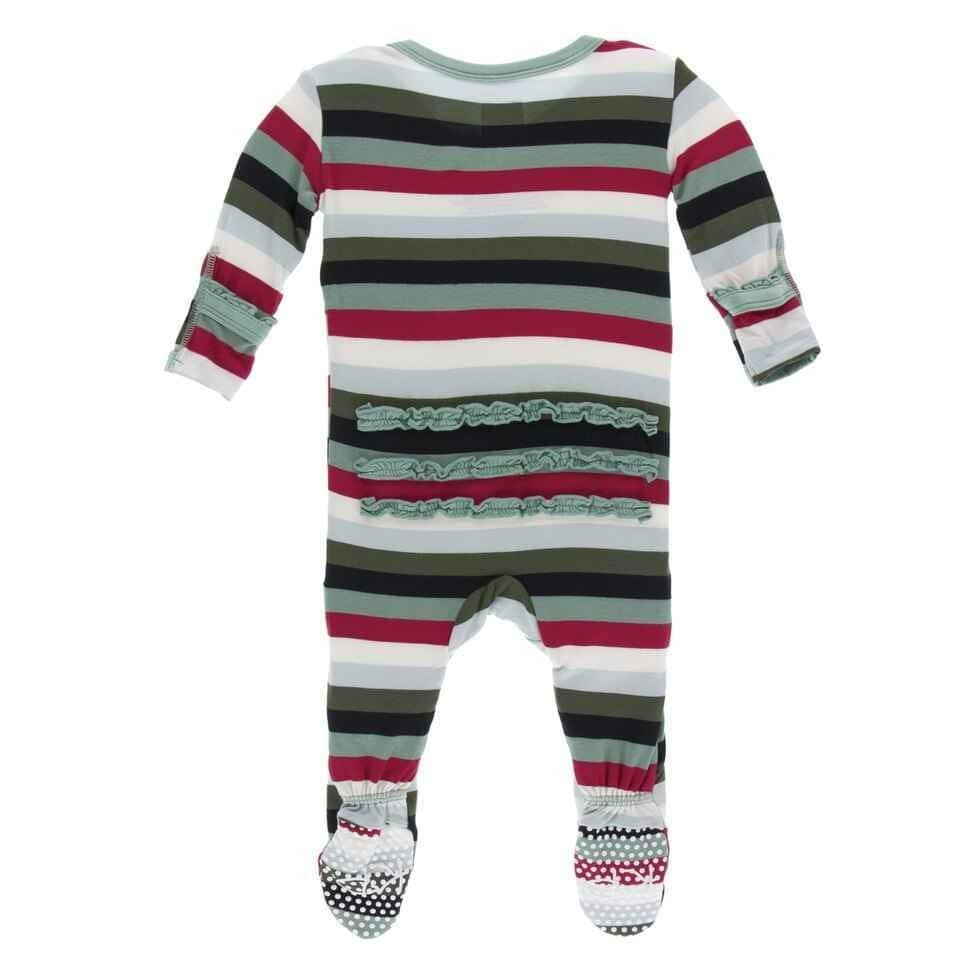 Print Bamboo Muffin Ruffle Footie with Zipper - Christmas Multi Stripe - Image 2