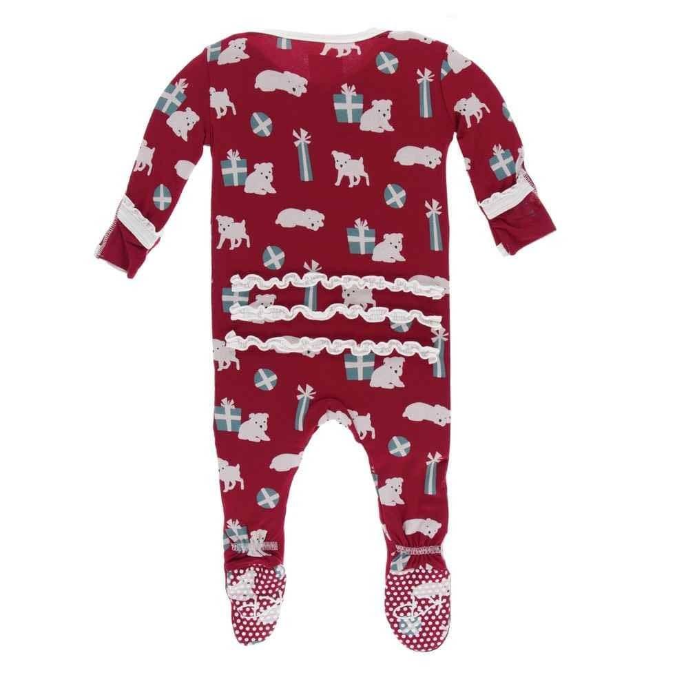 Print Bamboo Muffin Ruffle Footie with Zipper - Crimson Puppies and Presents - Image 2