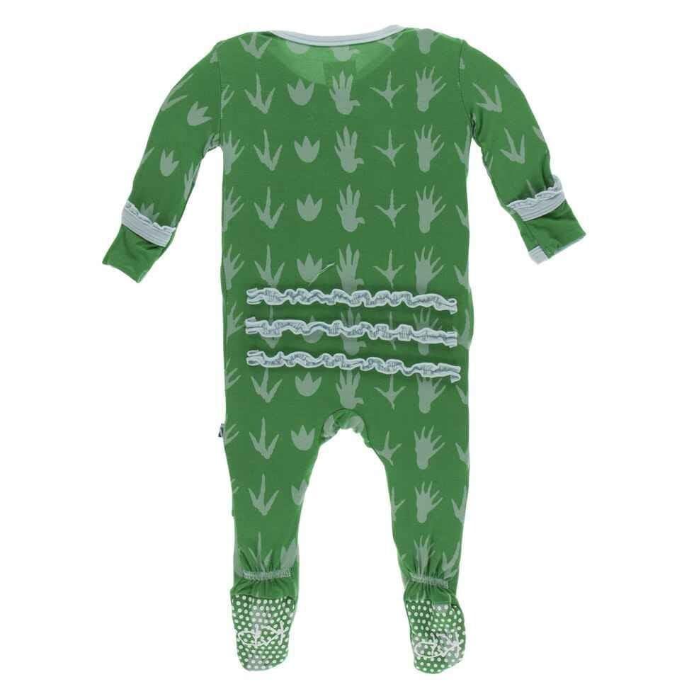 Print Bamboo Muffin Ruffle Footie with Zipper - Dino Tracks - Image 2
