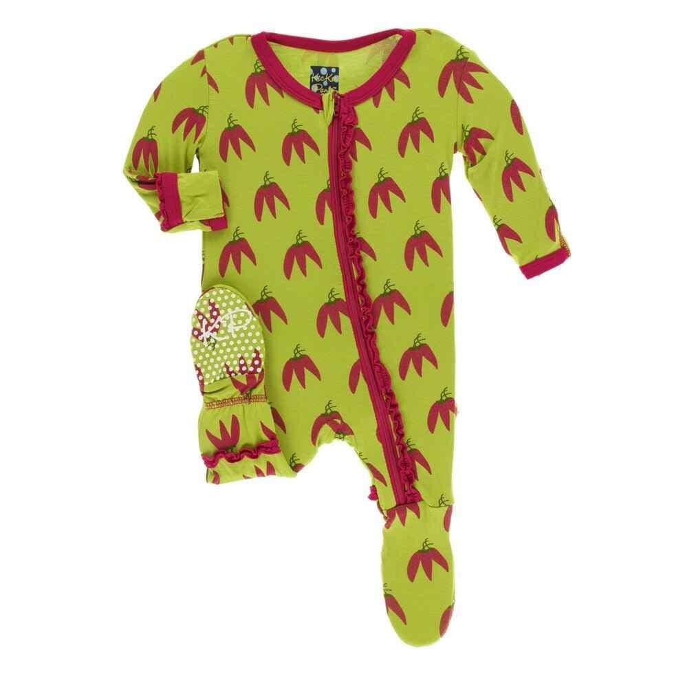 Print Bamboo Muffin Ruffle Footie with Zipper - Meadow Chili Peppers
