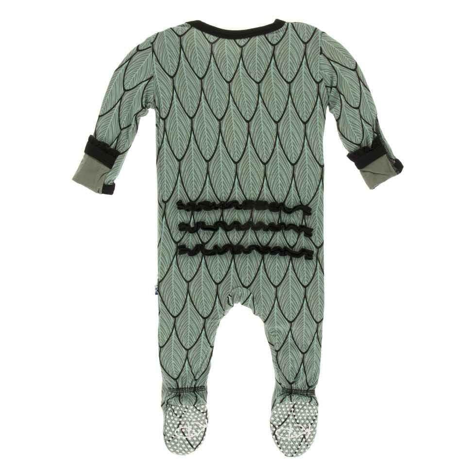 Print Bamboo Muffin Ruffle Footie with Zipper - Midnight Feathers - Image 2