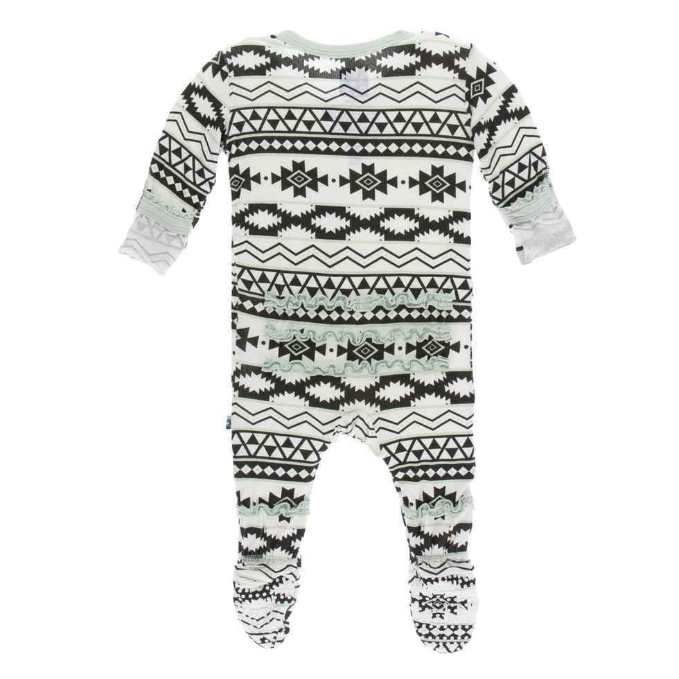Print Bamboo Muffin Ruffle Footie with Zipper - Natural Mayan Pattern - Image 2