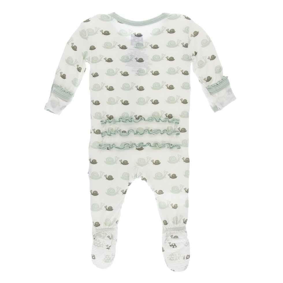 Print Bamboo Muffin Ruffle Footie with Zipper - Natural Snails - Image 2