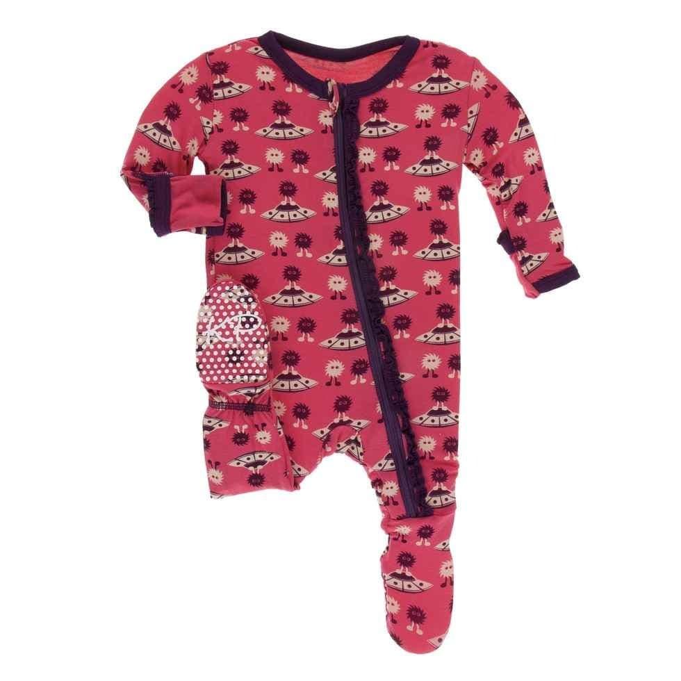 Print Bamboo Muffin Ruffle Footie with Zipper - Red Ginger Aliens with Flying Saucers