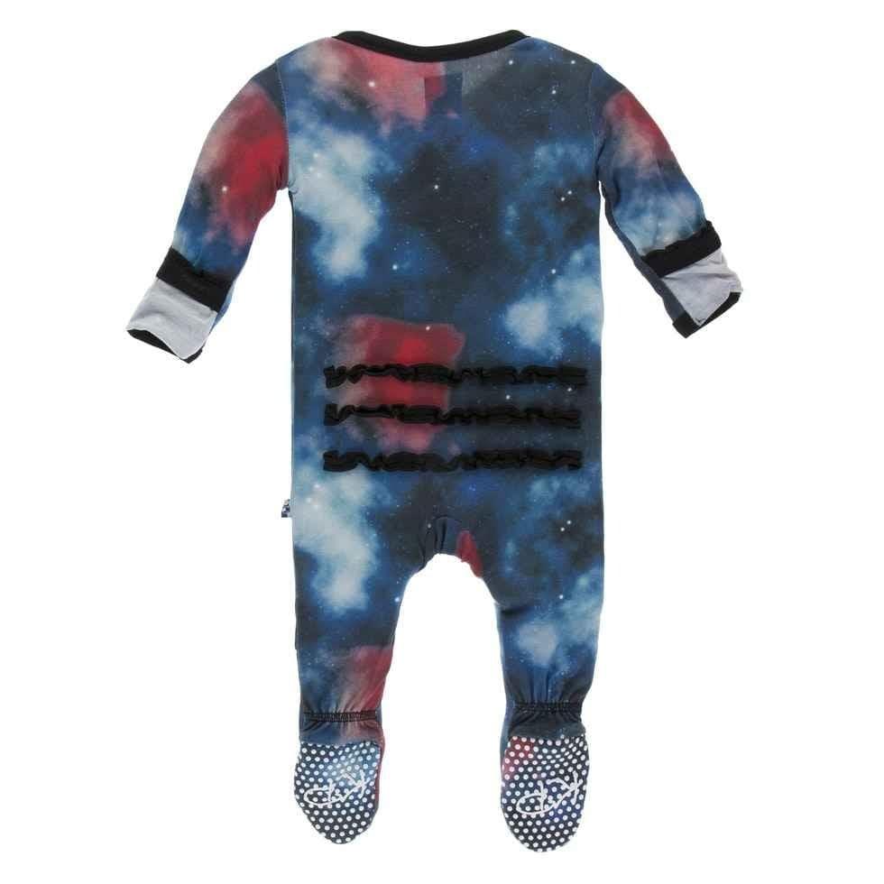 Print Bamboo Muffin Ruffle Footie with Zipper - Red Ginger Galaxy - Image 2