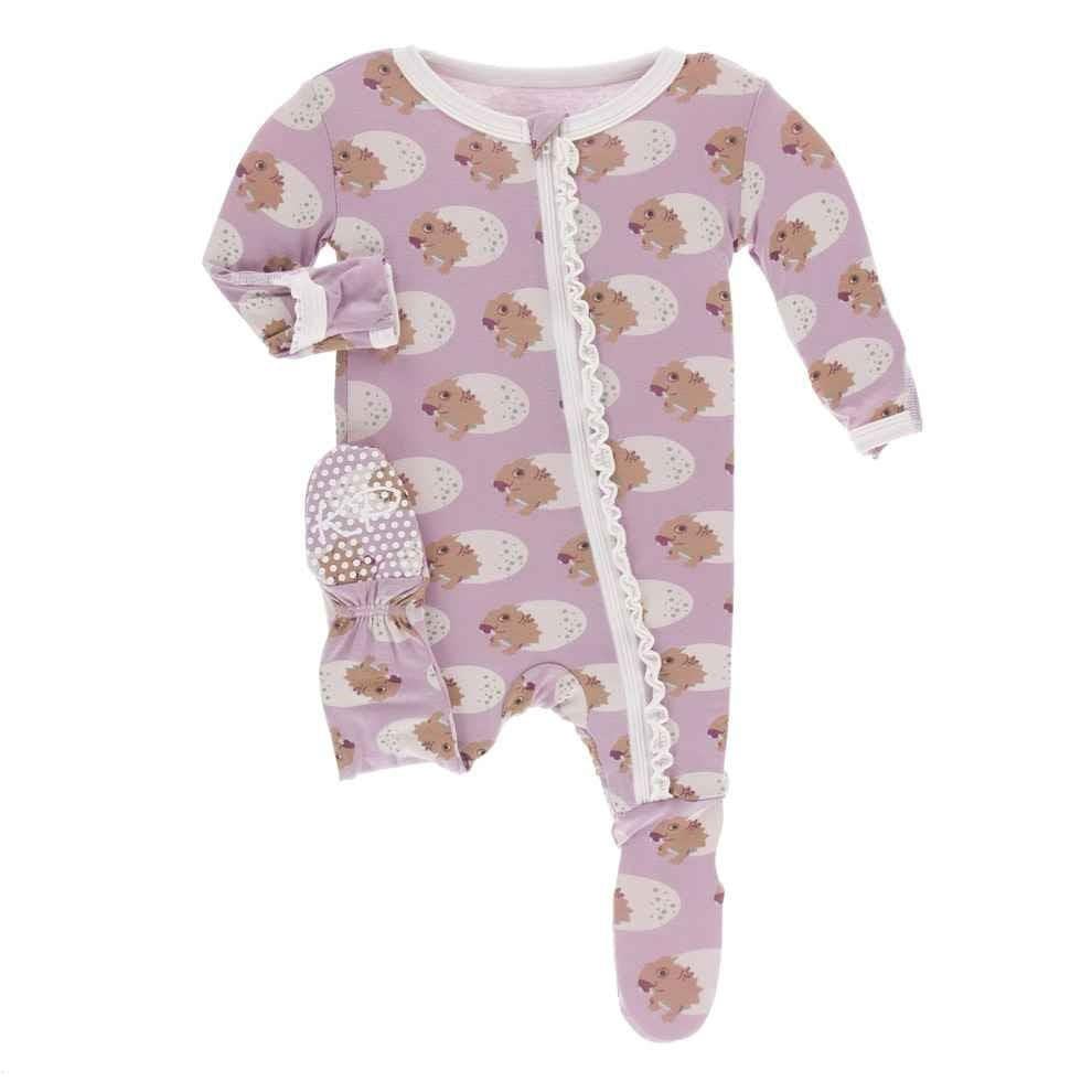 Print Bamboo Muffin Ruffle Footie with Zipper - Sweet Pea Diictodon