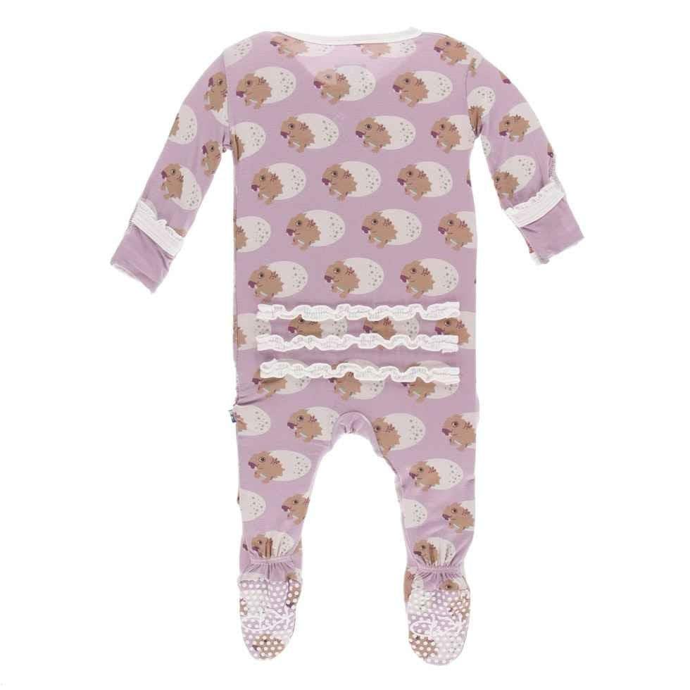 Print Bamboo Muffin Ruffle Footie with Zipper - Sweet Pea Diictodon - Image 2