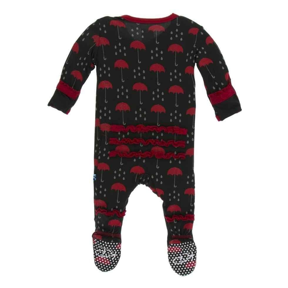 Print Bamboo Muffin Ruffle Footie with Zipper - Umbrellas and Rain Clouds - Image 2
