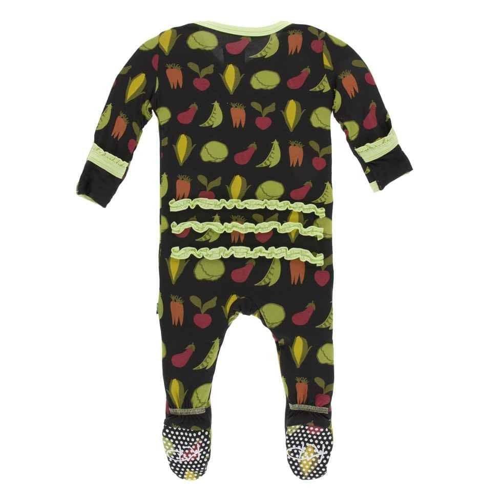 Print Bamboo Muffin Ruffle Footie with Zipper - Zebra Garden Veggies - Image 2