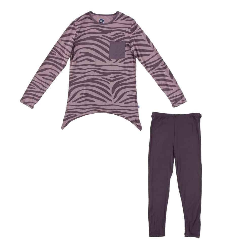 Print Bamboo Side-Tailed Tee and Legging Outfit, Elderberry Zebra Print