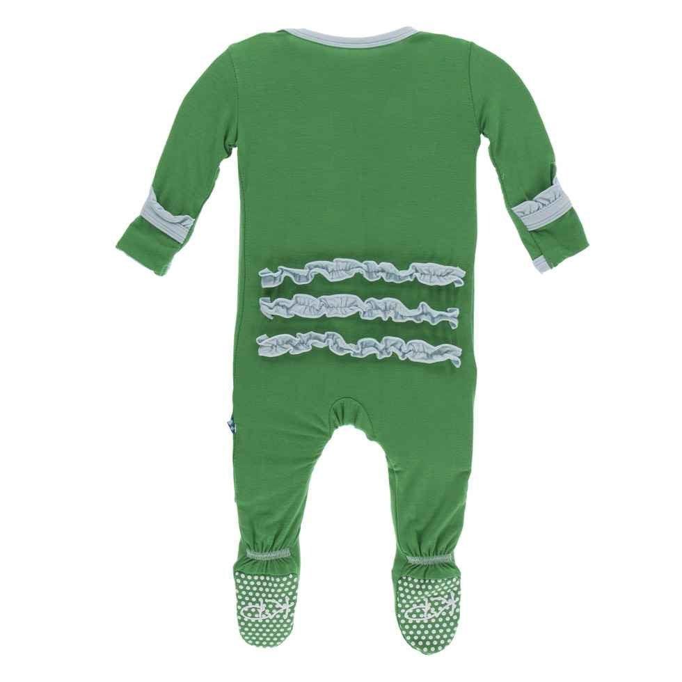 Solid Bamboo Classic Ruffle Footie with Zipper - Fern with Spring Sky - Image 2