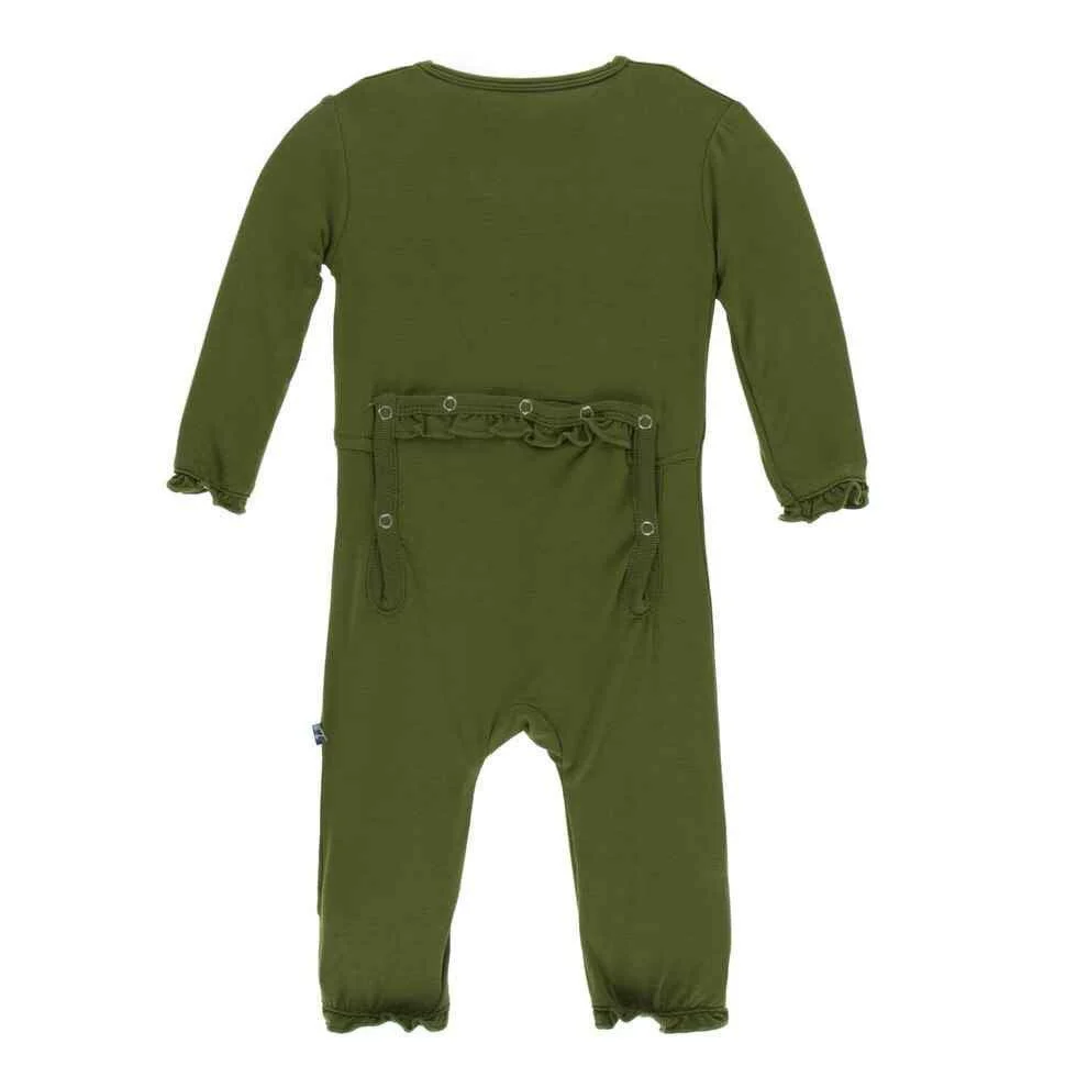 Solid Bamboo Layette Classic Ruffle Coverall with Zipper - Pesto - Image 2