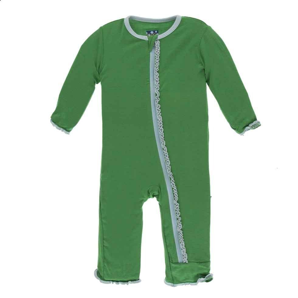 Solid Bamboo Muffin Ruffle Coverall with Zipper - Fern with Spring Sky