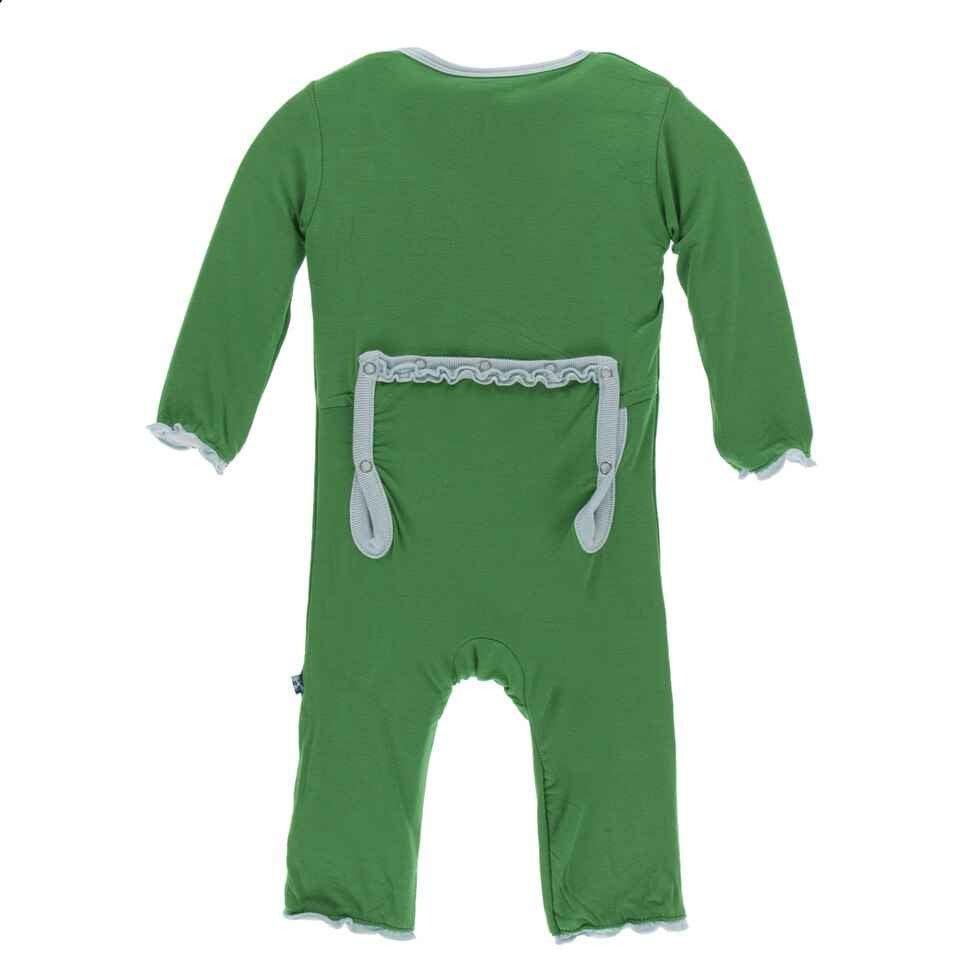 Solid Bamboo Muffin Ruffle Coverall with Zipper - Fern with Spring Sky - Image 2
