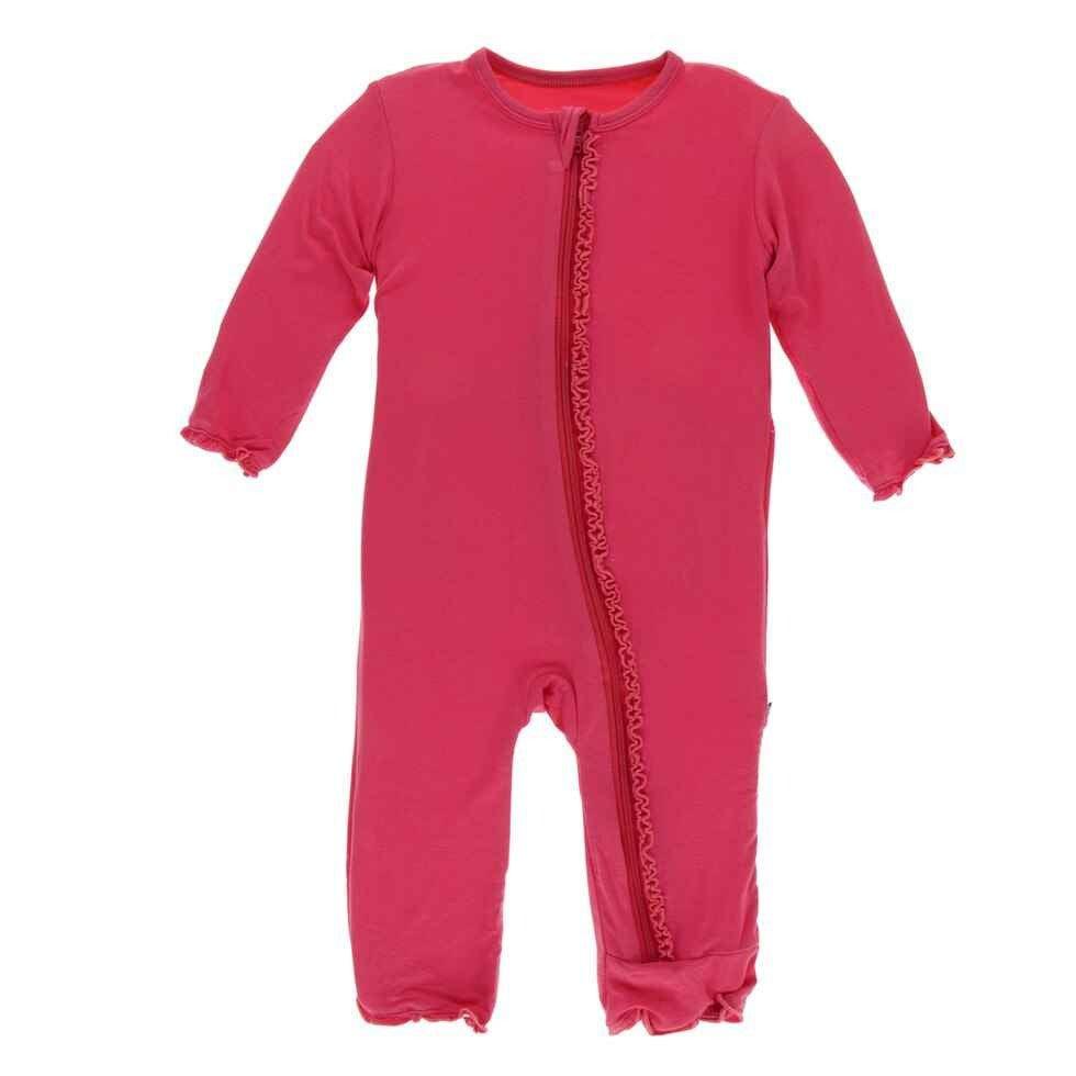 Solid Bamboo Muffin Ruffle Coverall with Zipper - Red Ginger - Image 5