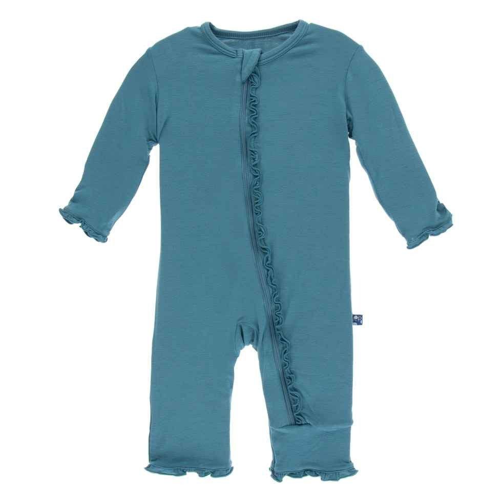 Solid Bamboo Muffin Ruffle Coverall with Zipper - Seagrass - Image 2
