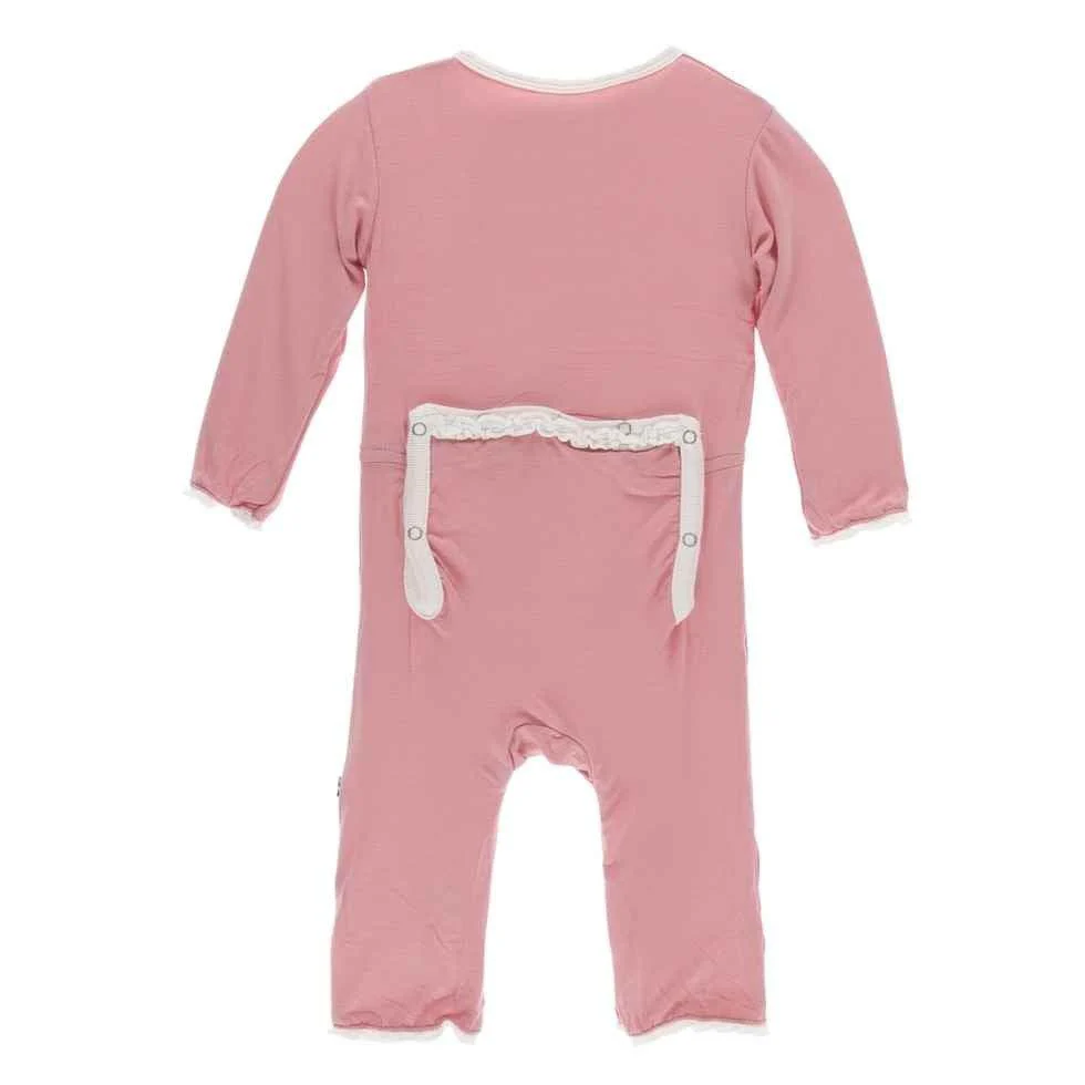 Solid Bamboo Muffin Ruffle Coverall with Zipper - Strawberry with Natural - Image 2