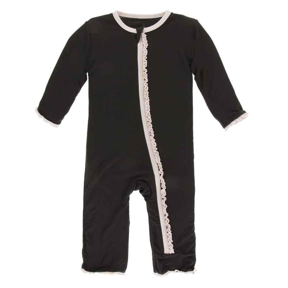 Solid Bamboo Muffin Ruffle Coverall with Zipper - Zebra with Macaroon - Image 2