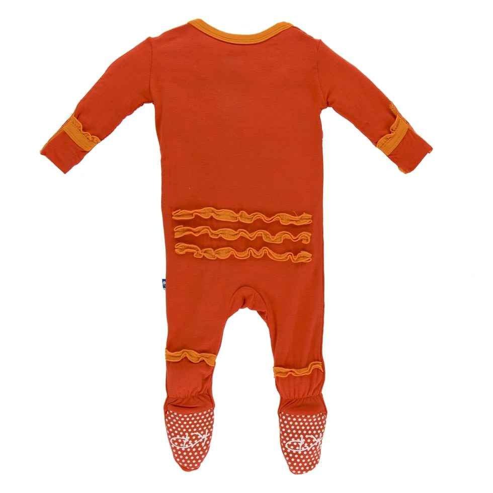 Solid Bamboo Muffin Ruffle Footie with Snaps, Poppy with Sunset - Image 2