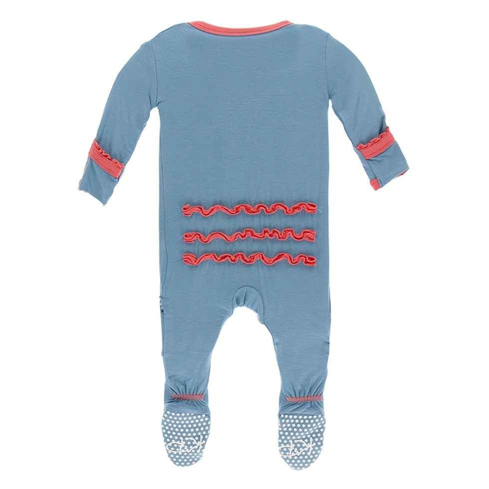 Solid Bamboo Muffin Ruffle Footie with Snaps - Blue Moon with English Rose - Image 2