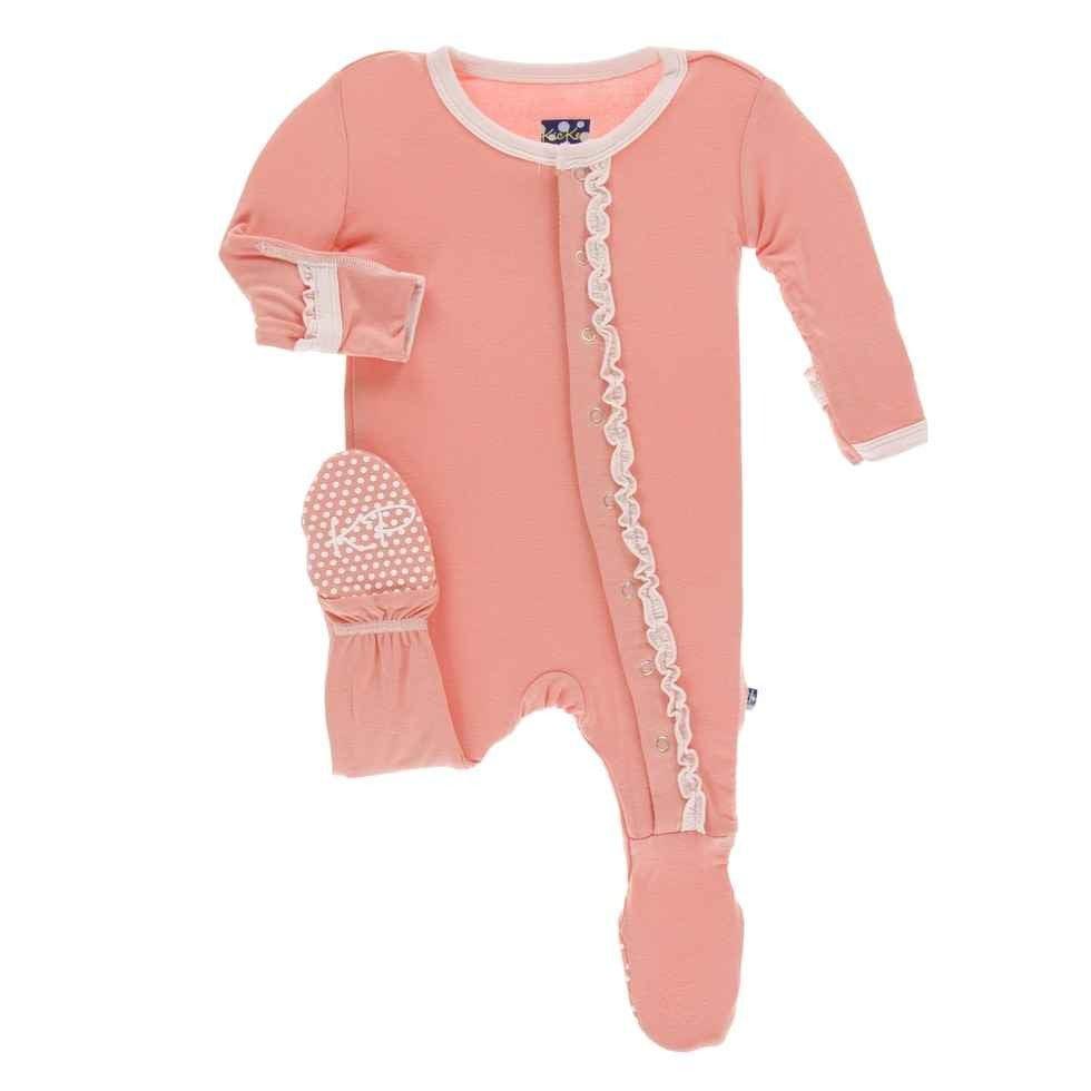 Solid Bamboo Muffin Ruffle Footie with Snaps - Blush with Macaroon - Image 2