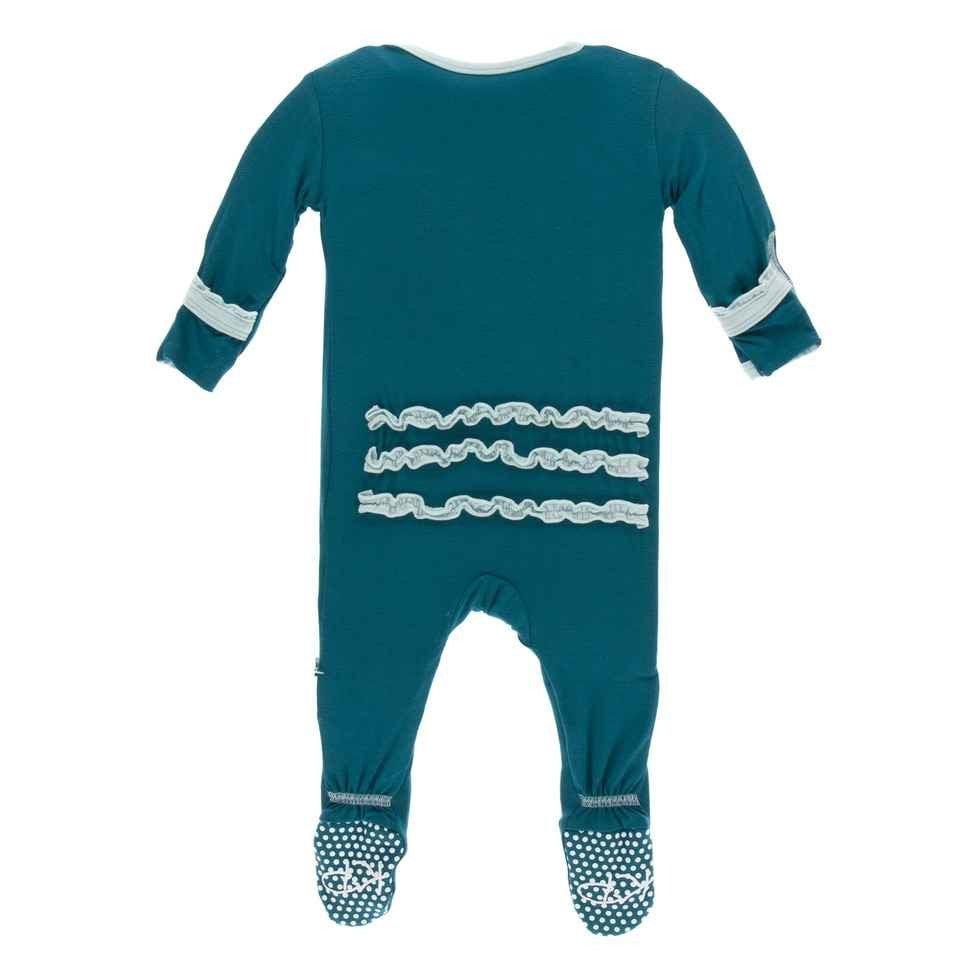Solid Bamboo Muffin Ruffle Footie with Snaps - Heritage Blue with Spring Sky - Image 2