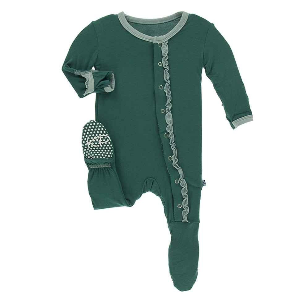 Solid Bamboo Muffin Ruffle Footie with Snaps - Ivy with Jade
