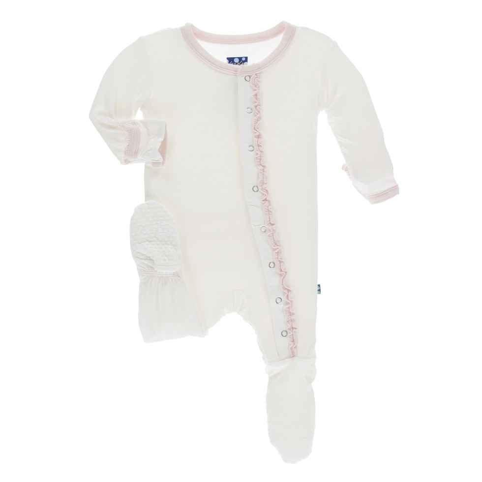 Solid Bamboo Muffin Ruffle Footie with Snaps - Natural with Macaroon - Image 2