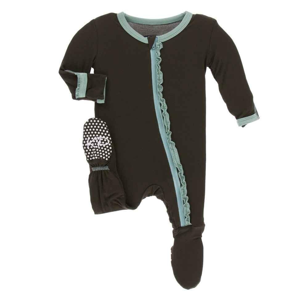 Solid Bamboo Muffin Ruffle Footie with Zipper - Bark with Shore