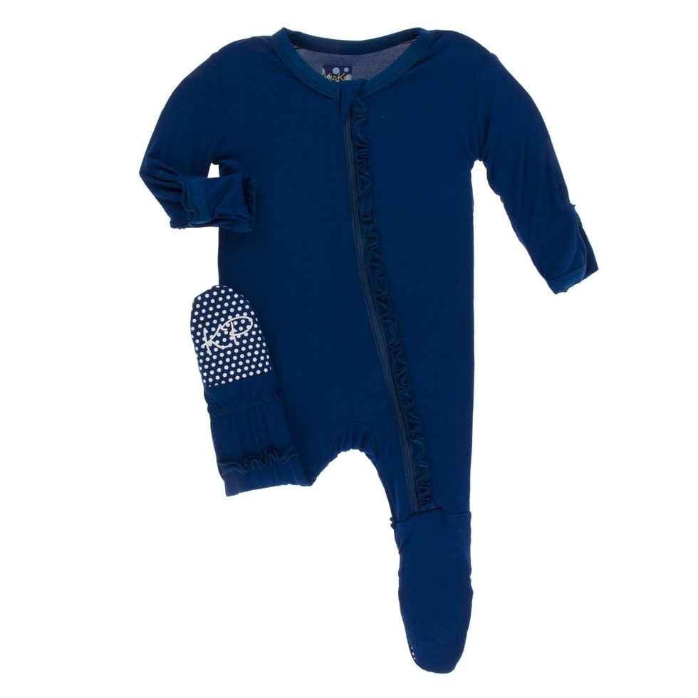 Solid Bamboo Muffin Ruffle Footie with Zipper - Navy - Image 3