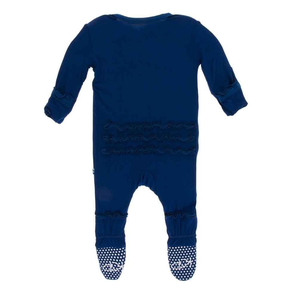Solid Bamboo Muffin Ruffle Footie with Zipper - Navy - Image 4