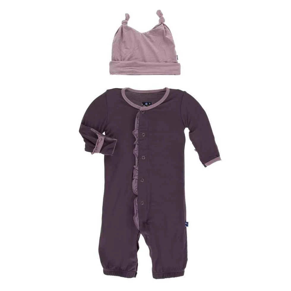 Solid Bamboo Ruffle Layette Gown Converter and Knot Hat Set - Fig with Elderberry - Image 2