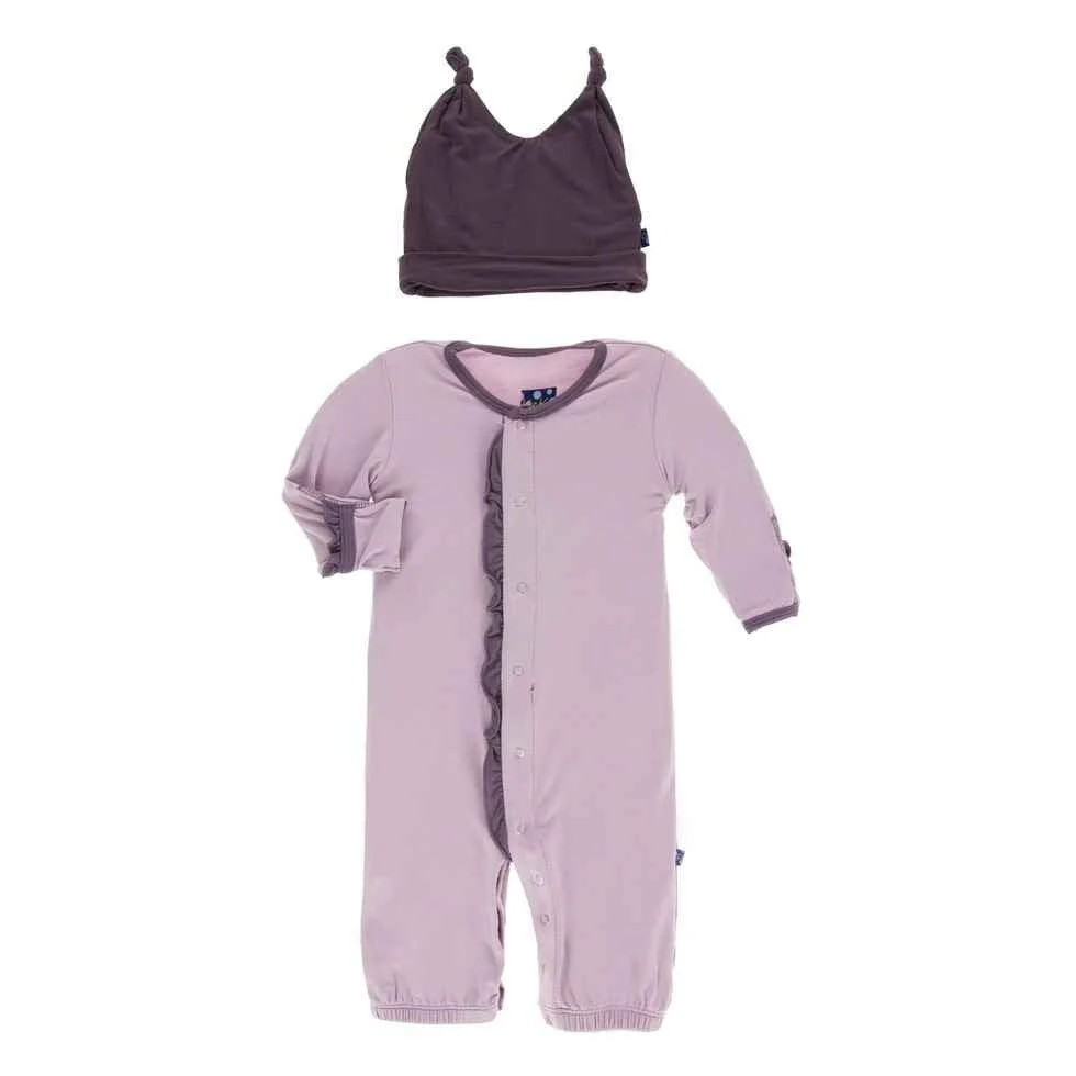 Solid Bamboo Ruffle Layette Gown Converter and Knot Hat Set - Sweet Pea with Fig - Image 2