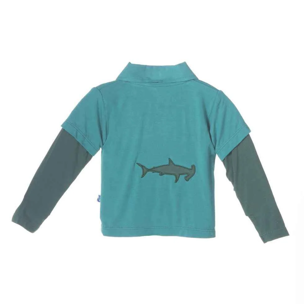 Bamboo Long Sleeve Double Layer Applique Polo Shirt, Lagoon Hammerhead