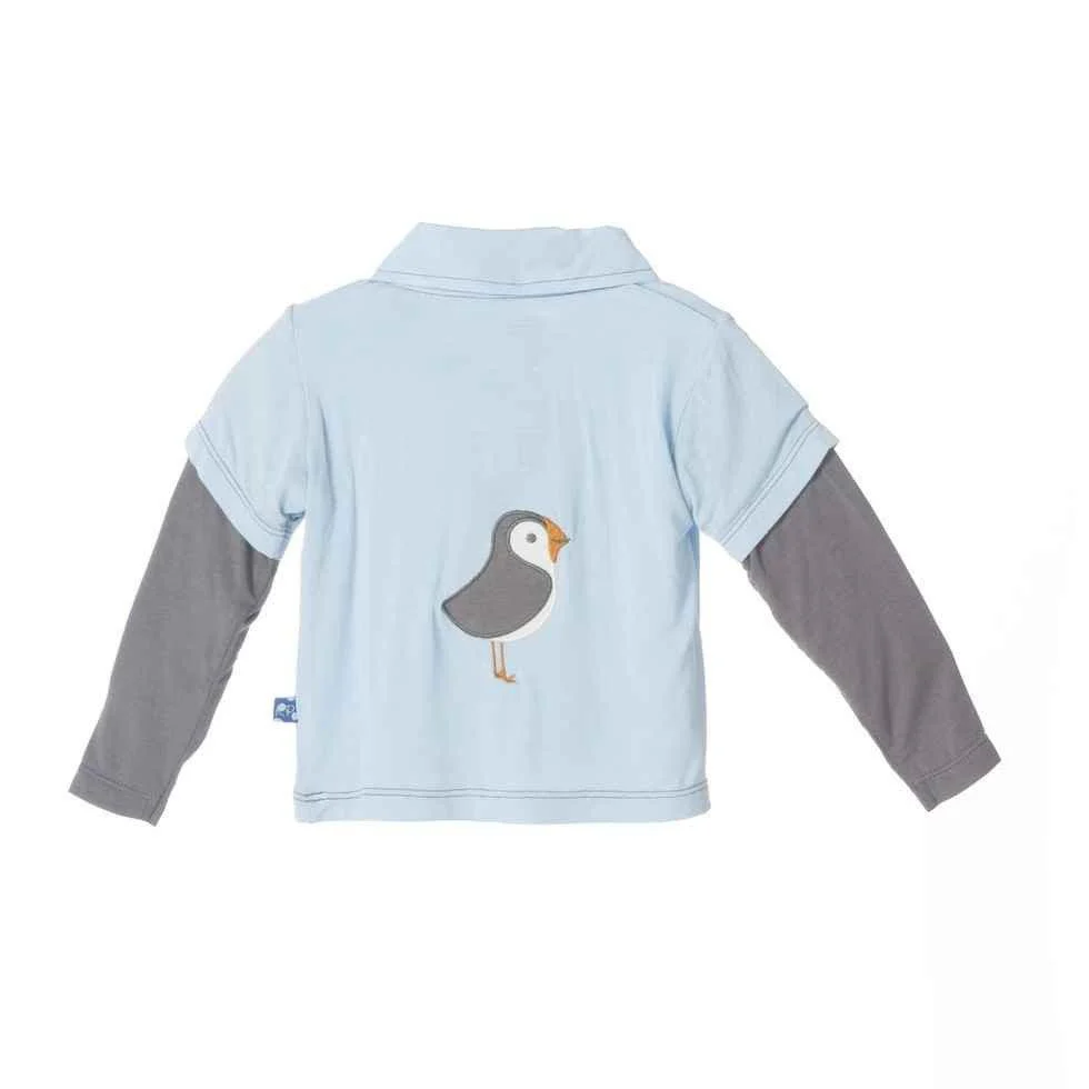 Bamboo Long Sleeve Double Layer Applique Polo Shirt, Pond Puffin