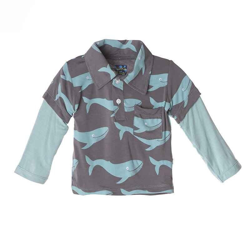 Bamboo Long Sleeve Double Layer Polo Shirt, Rain Whale - Image 3