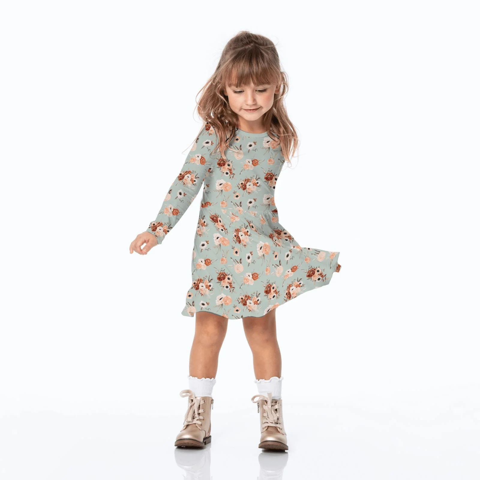 Bamboo Long Sleeve Twirl Dress with Pockets - Aloe Fall Floral - Image 2