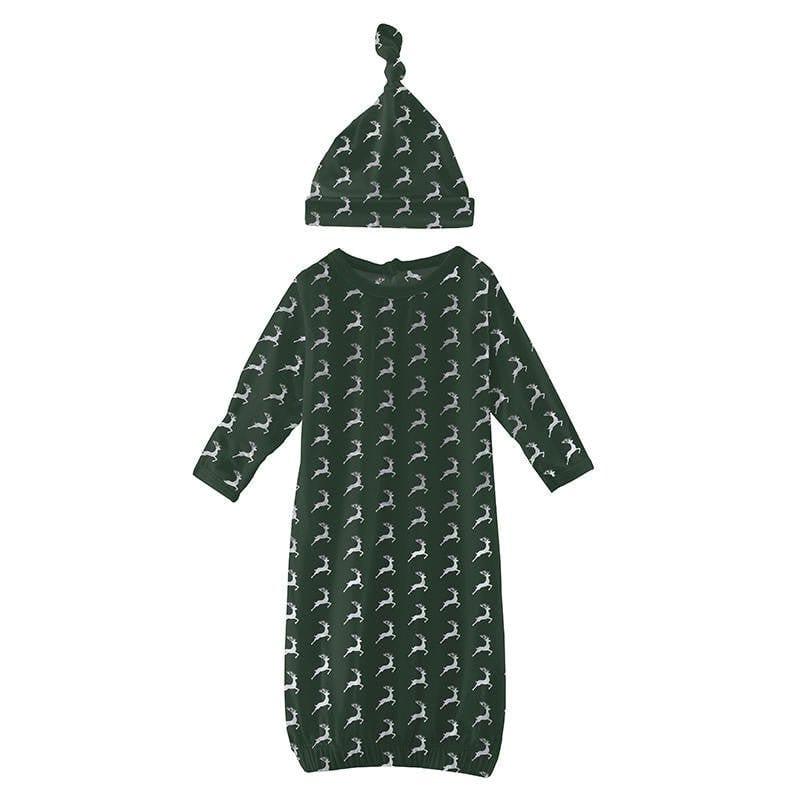 Newborn Print Bamboo Layette Gown & Single Knot Hat Set - Mountain View Reindeer