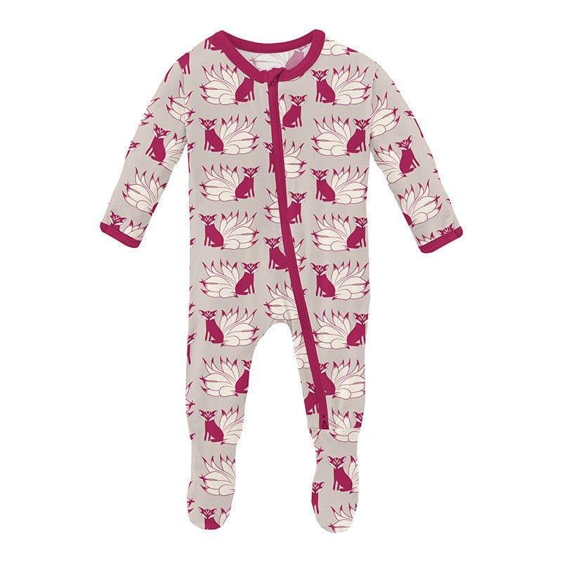 Print Bamboo Footie with 2-Way Zipper - Latte Kitsune
