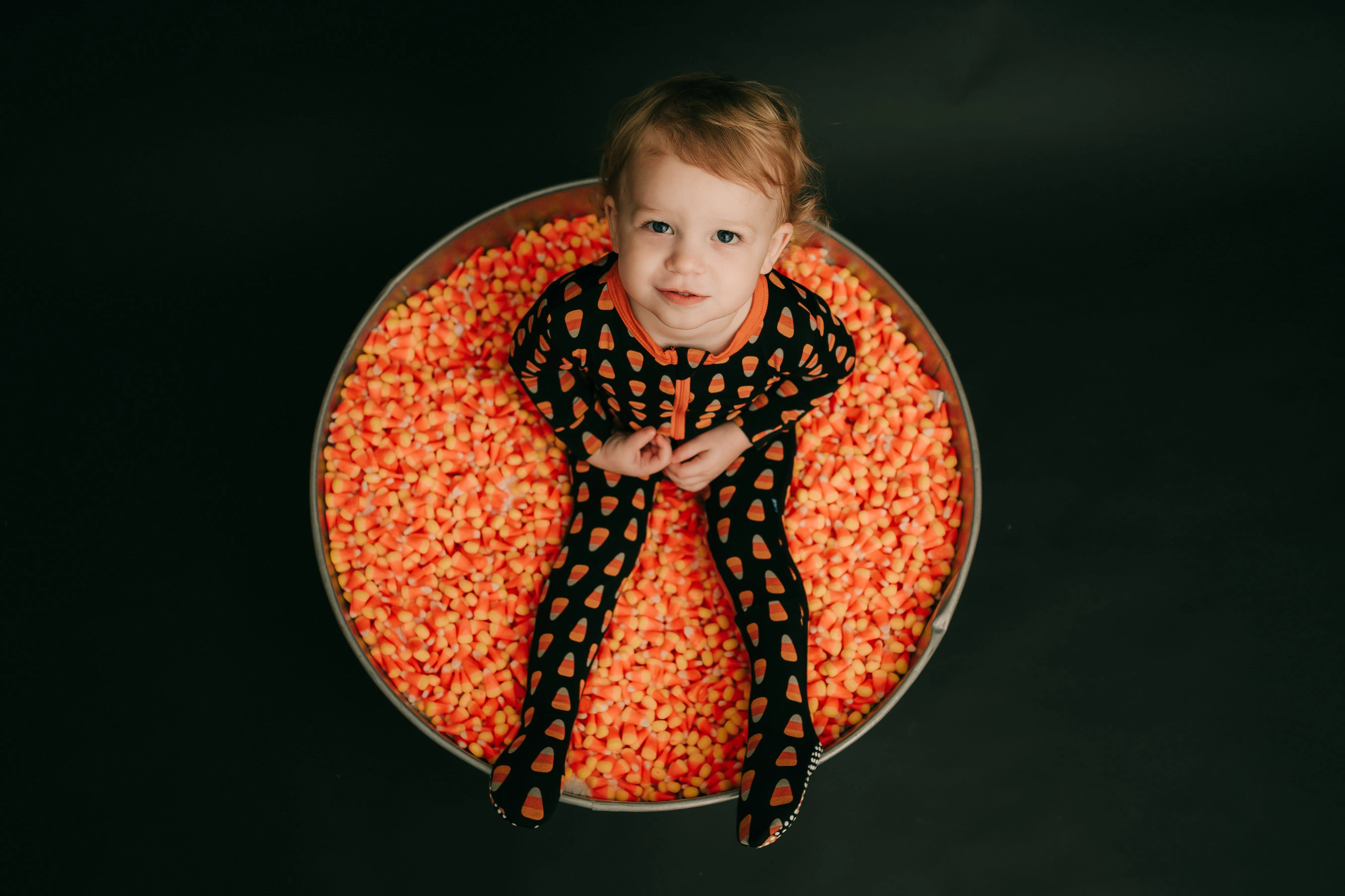 Print Bamboo Footie with 2-Way Zipper - Midnight Candy Corn - Image 3